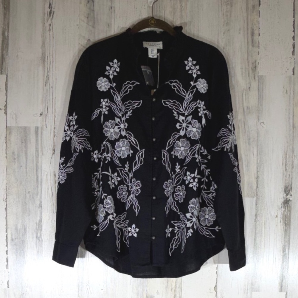 Calypso St Barth Top Small Black Floral Embroidered Boho Ruffle Neck FLAW READ